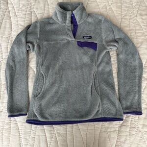 Patagonia Gray Fuzzy Quarter Zip with Purple trim